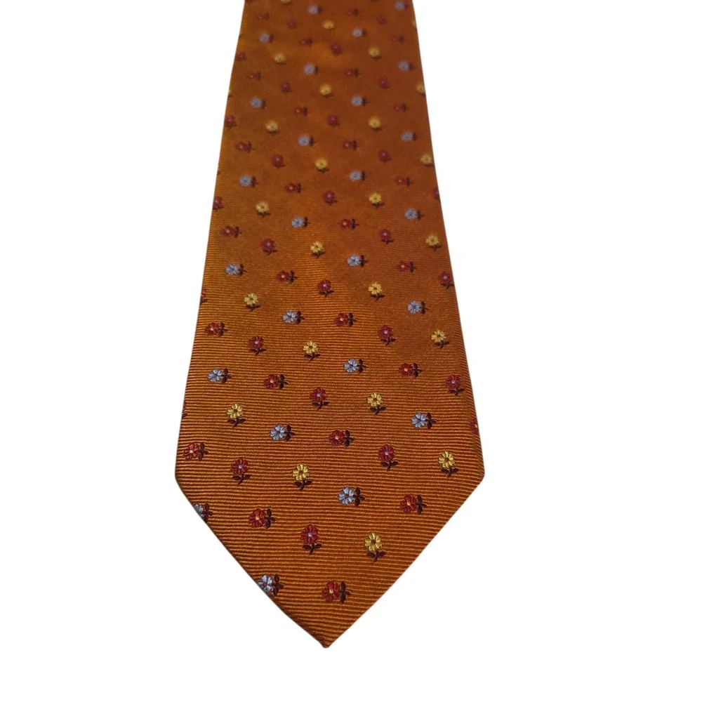 Les Copains Mens Necktie‎ Orange Silk Floral Striped Embroidered Long Luxury